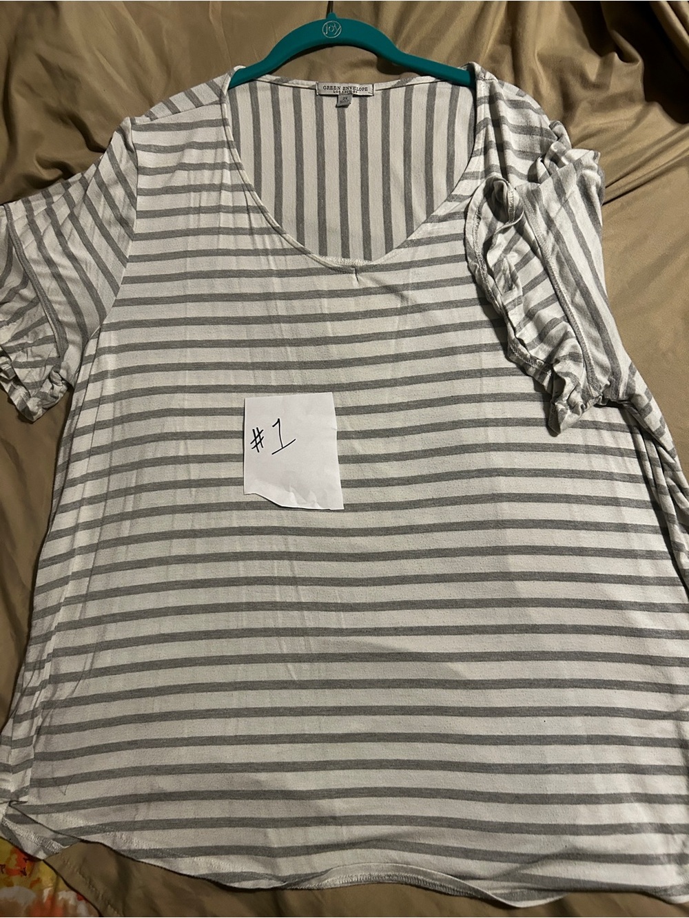 Green Envelope White and Gray Striped Scoop Neck Short Sleeve Top